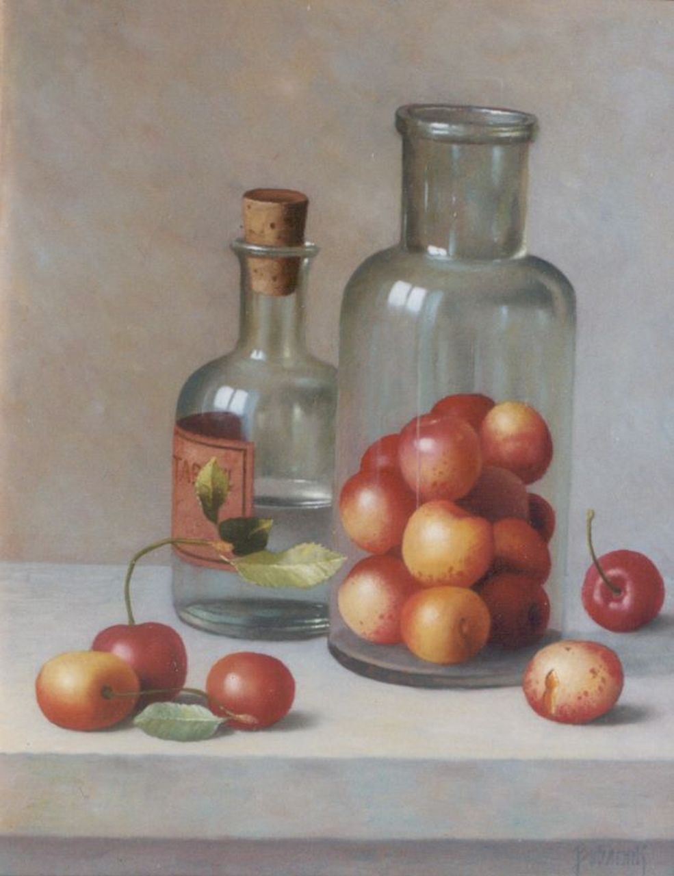 Bubarnik G.  | Gyula Bubarnik, A still life with cherriea and bottles, Öl auf Holz 24,8 x 19,7 cm, signed l.r.