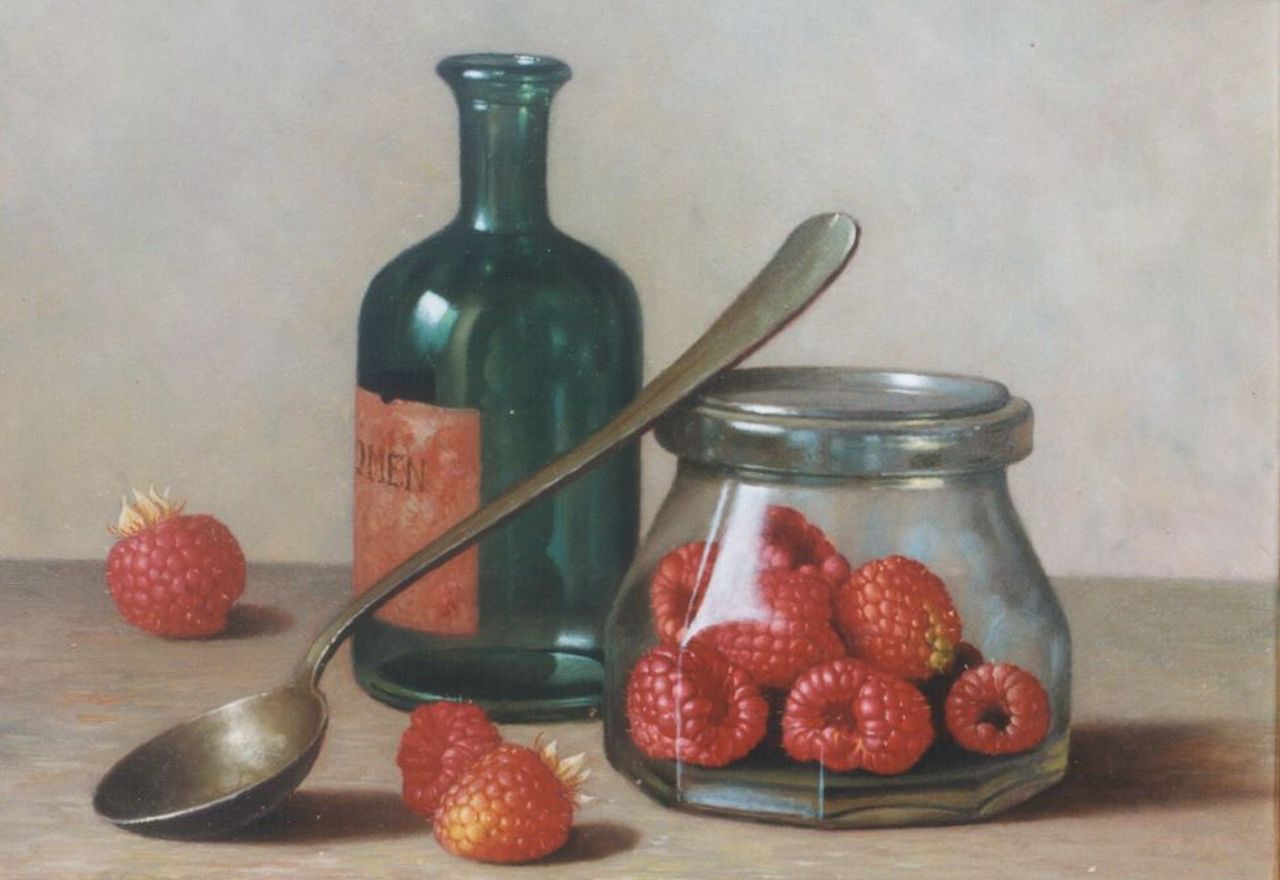 Bubarnik G.  | Gyula Bubarnik, Raspberries in a bowl, Kupfer 18,0 x 24,0 cm, signed l.r.