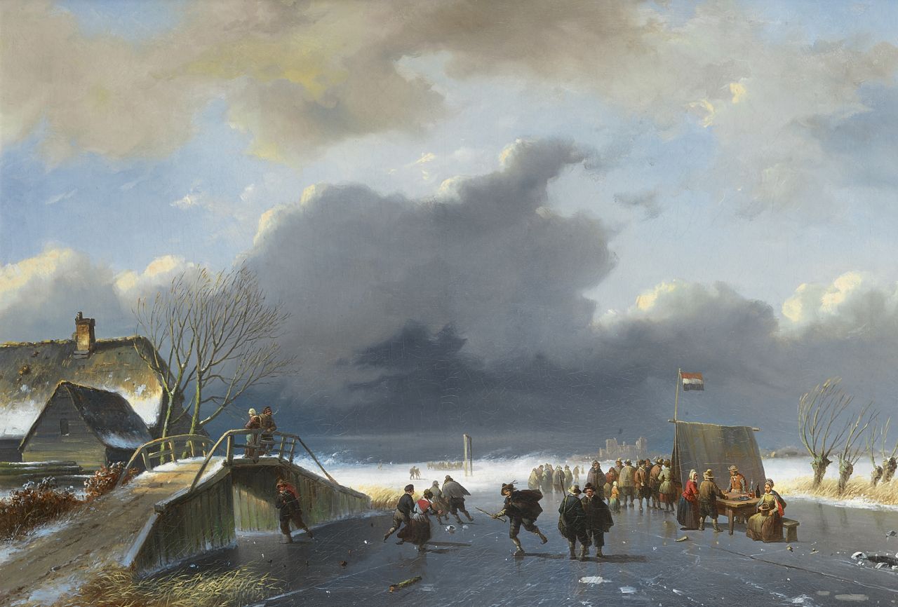 Roosenboom N.J.  | Nicolaas Johannes Roosenboom, Eisvergnügen bei einer 'koek-en-zopie'-Bude, Öl auf Leinwand 48,0 x 68,0 cm, ca 1860