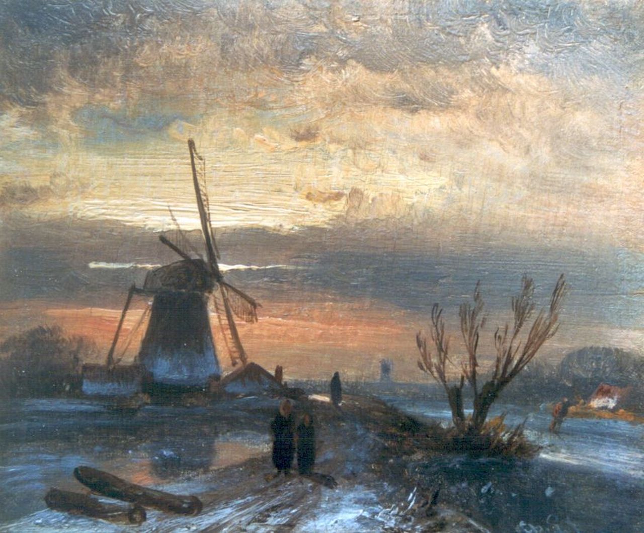 Leickert C.H.J.  | 'Charles' Henri Joseph Leickert, A frozen river with a windmill, Öl auf Holz 9,2 x 11,0 cm, signed l.r. with initials