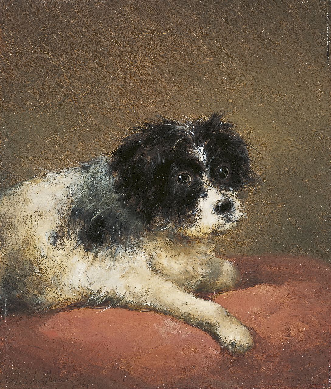 Schelfhout A.  | Andreas Schelfhout, A terrier, Öl auf Holz 32,1 x 27,3 cm, signed l.l. und dated '47