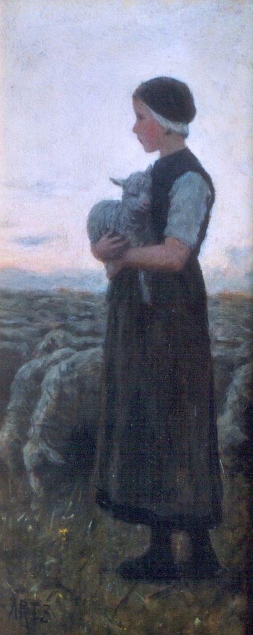 Artz D.A.C.  | David Adolphe Constant Artz, A shepherdess, Öl auf Holz 29,6 x 12,8 cm, signed l.l.