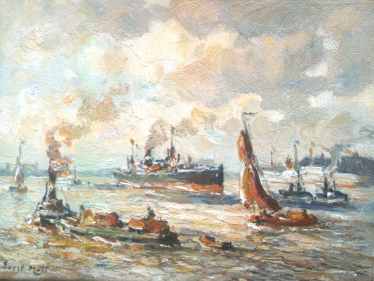 Moll E.  | Evert Moll, Ships in the harbour of Rotterdam, Öl auf Leinwand 19,3 x 25,4 cm, signed l.l.