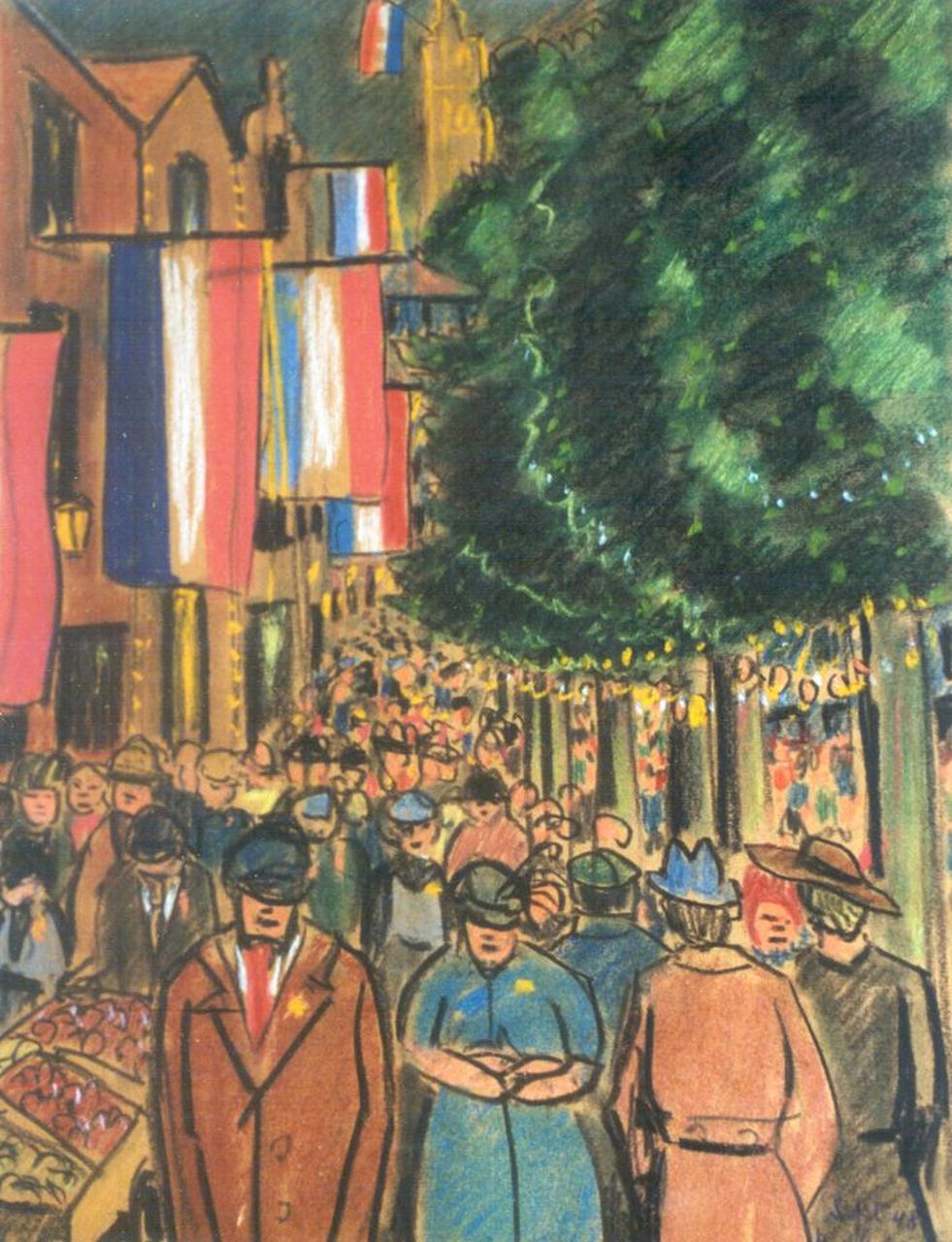 Lokhorst W.F.  | Willem Frederik 'Bob' Lokhorst, Coronation festivities, Amsterdam, Farbkreide auf Papier 32,4 x 24,9 cm, signed l.r. und painted sept. '48