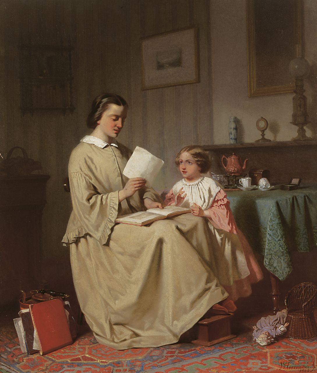 Hoevenaar W.P.  | Willem Pieter Hoevenaar, Die Mutter liest vor, Öl auf Holz 54,6 x 46,3 cm, Unterzeichnet r.u. und datiert 1862