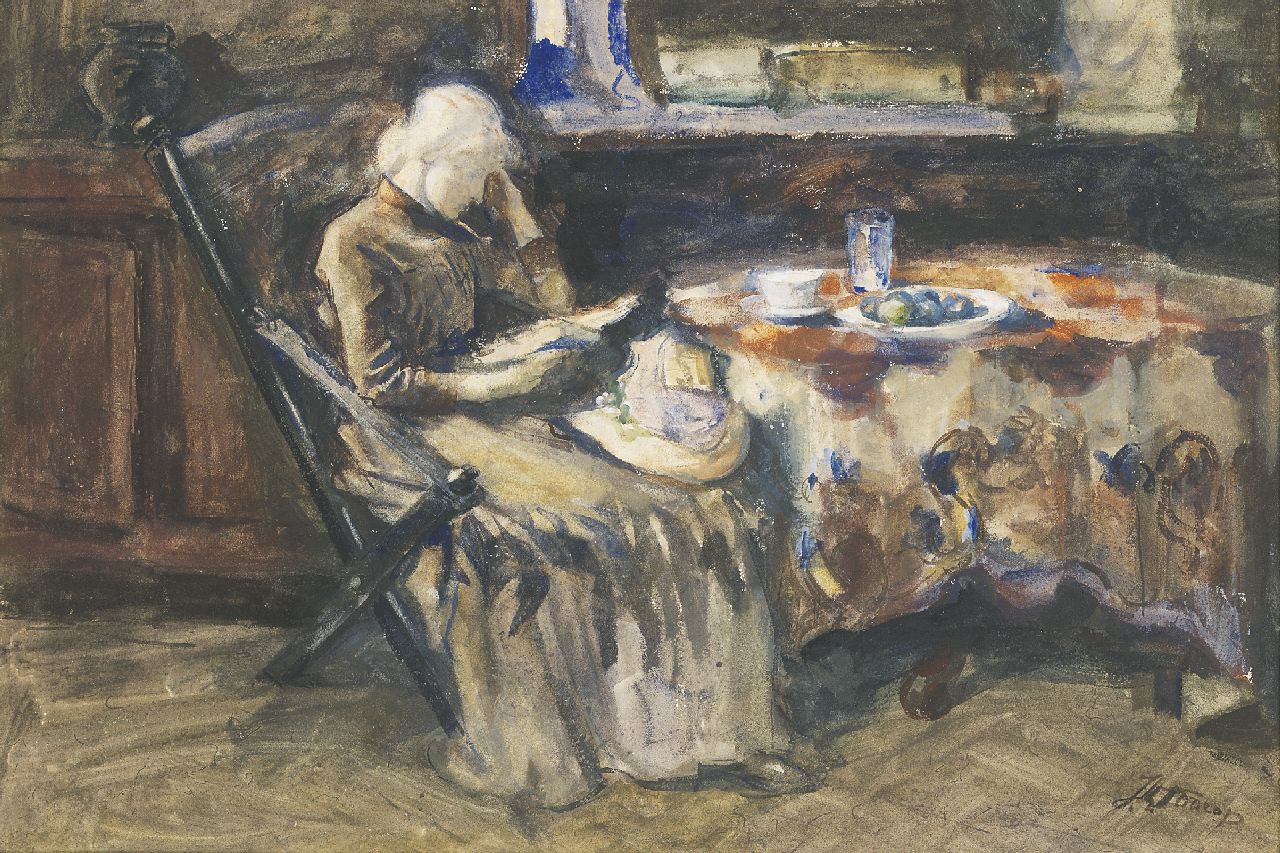 Toorop J.Th.  | Johannes Theodorus 'Jan' Toorop, Annie Hall, the artist's wife, reading, Aquarell und Gouache auf Papier 40,0 x 59,0 cm, Unterzeichnet r.u.