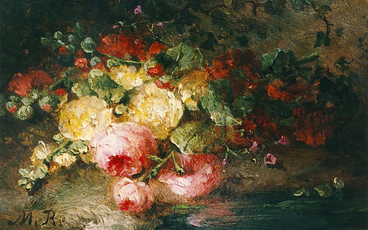 Roosenboom M.C.J.W.H.  | 'Margaretha' Cornelia Johanna Wilhelmina Henriëtta Roosenboom, A bouquet on a forest-path, Öl auf Holz 7,9 x 12,0 cm, signed l.l.