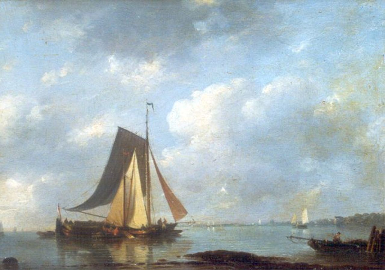 Stok J. van der | Jacobus van der Stok, Shipping off the coast (signed A. Schelfhout), Öl auf Holz 20,4 x 27,9 cm, signed l.l.