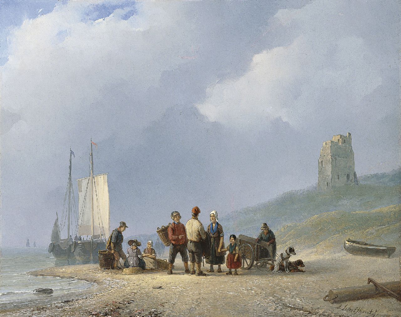 Schelfhout A.  | Andreas Schelfhout, Sorting the catch, Öl auf Malerpappe 22,8 x 28,0 cm, signed l.r. und painted between 1825-1831