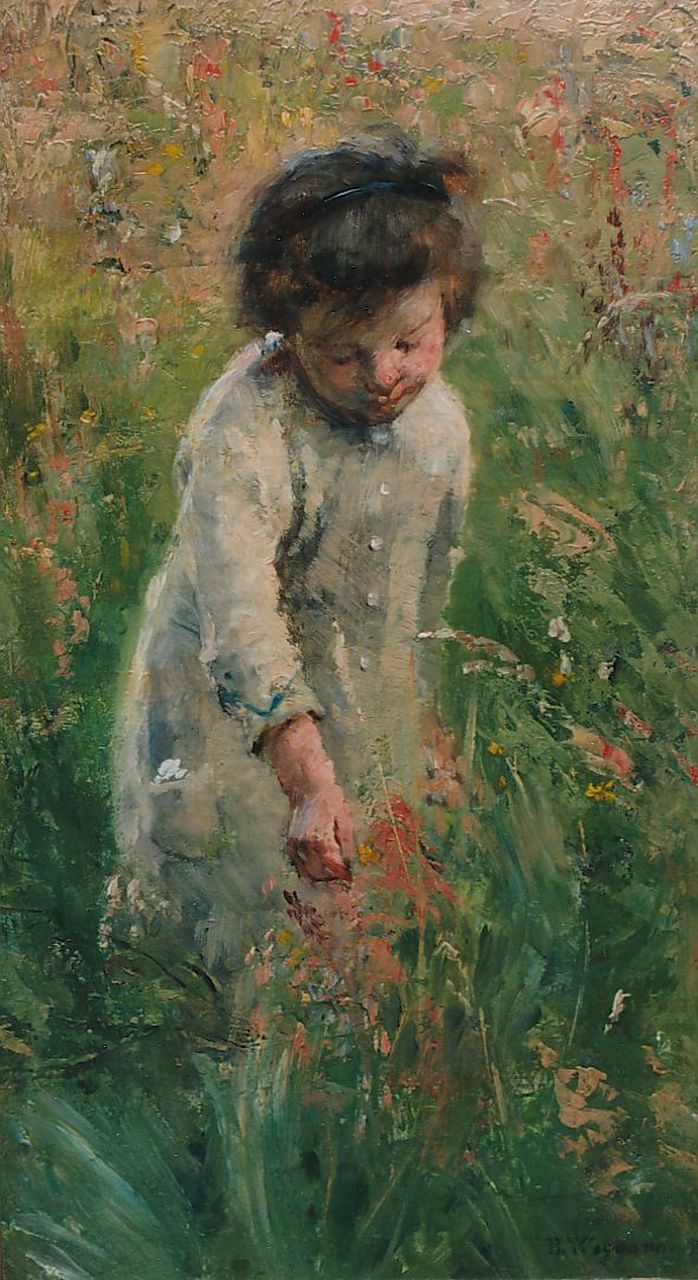 Wegman B.  | Bertha Wegman, Little girl picking flowers, Öl auf Leinwand 37,6 x 21,3 cm, signed l.r.