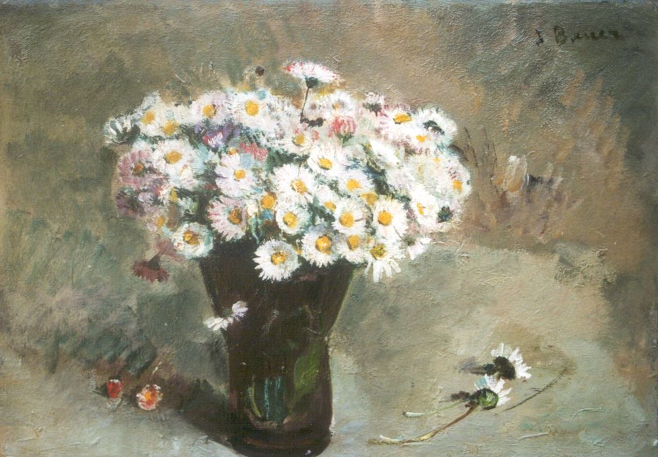 Bauer-Stumpff J.  | Johanna 'Jo' Bauer-Stumpff, Daisies in a glass vase, Öl auf Malereifaser 26,9 x 37,4 cm, signed u.r.