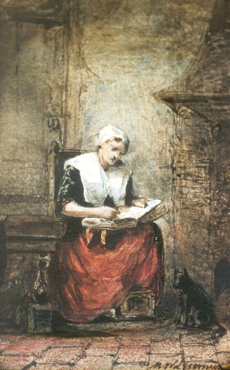 Liernur M.W.  | Martinus Wilhelmus Liernur, Reading the bible, Aquarell auf Papier 10,3 x 6,8 cm, signed l.r. und dated 1853