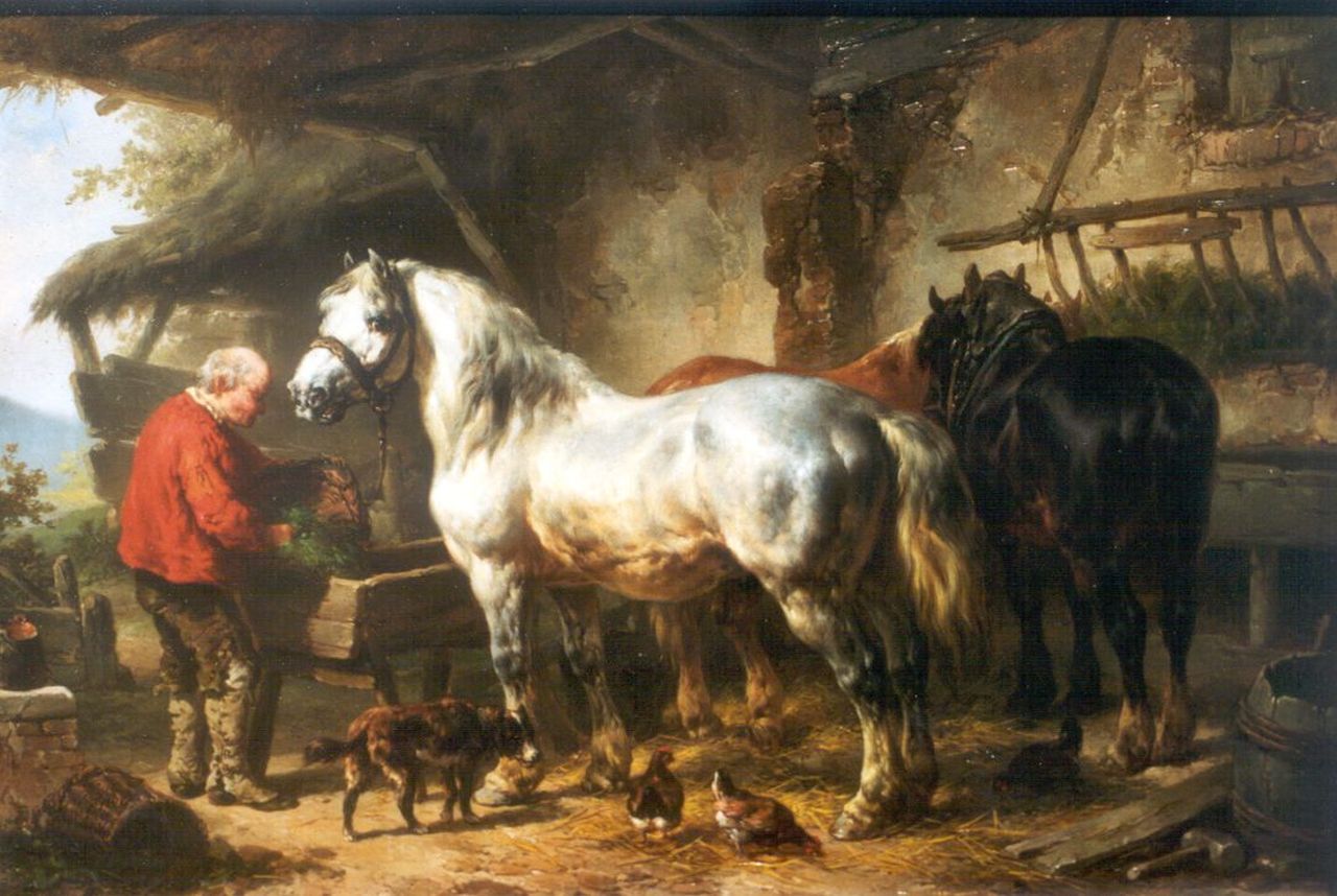 Verschuur W.  | Wouterus Verschuur, Feeding the horses, Öl auf Holz 27,3 x 40,2 cm, signed l.l.