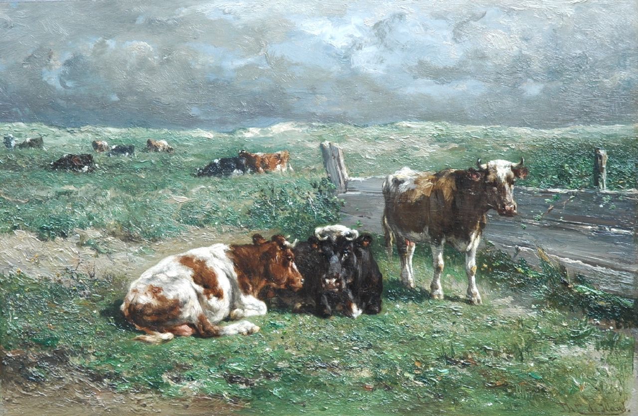 Haas J.H.L. de | Johannes Hubertus Leonardus de Haas, Resting cattle at pasture, Öl auf Holz 31,3 x 47,1 cm, signed l.r.