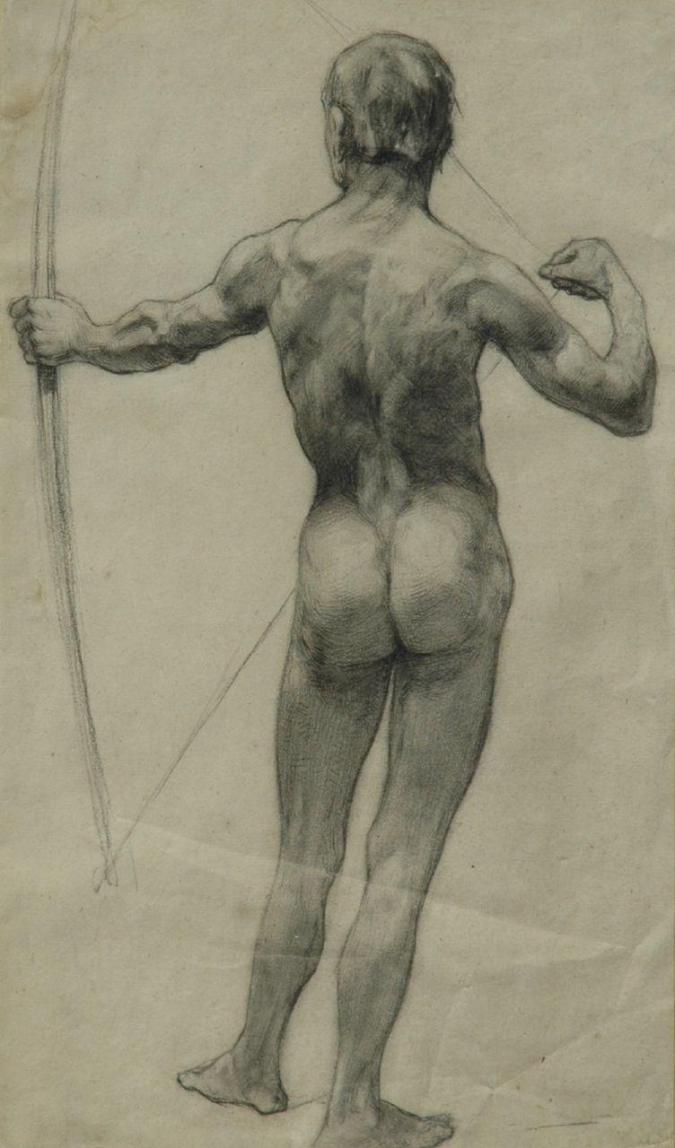 Onbekend 20e eeuw (1e helft)  | Onbekend | Aquarelle und Zeichnungen zum Verkauf angeboten | Rückenaktstudie eines Mannes, Holzkohle und Kreide auf Papier 52,0 x 17,0 cm