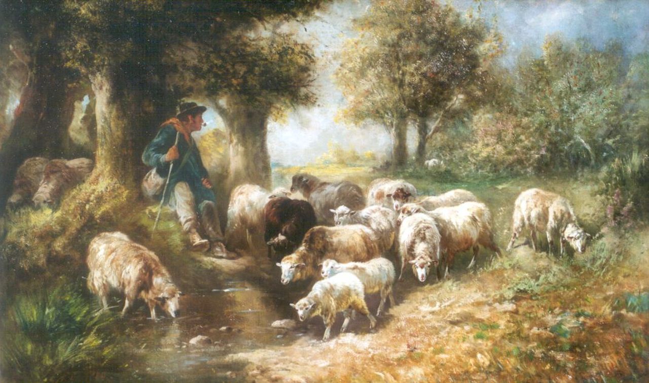 Schouten H.  | Henry Schouten, A shepherd and flock, Öl auf Leinwand 65,0 x 100,0 cm