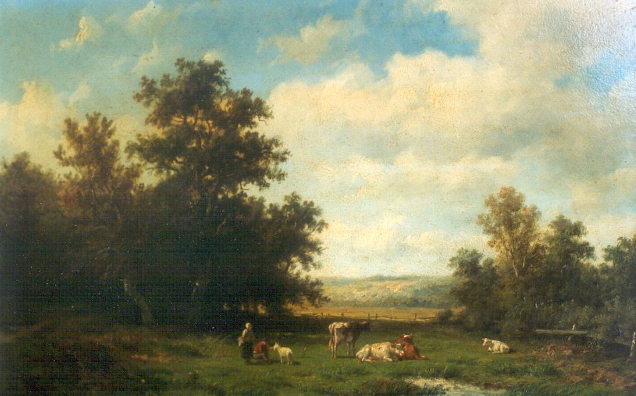 Wijngaerdt A.J. van | Anthonie Jacobus van Wijngaerdt, Cattle in a landscape, Öl auf Holz 23,2 x 36,0 cm