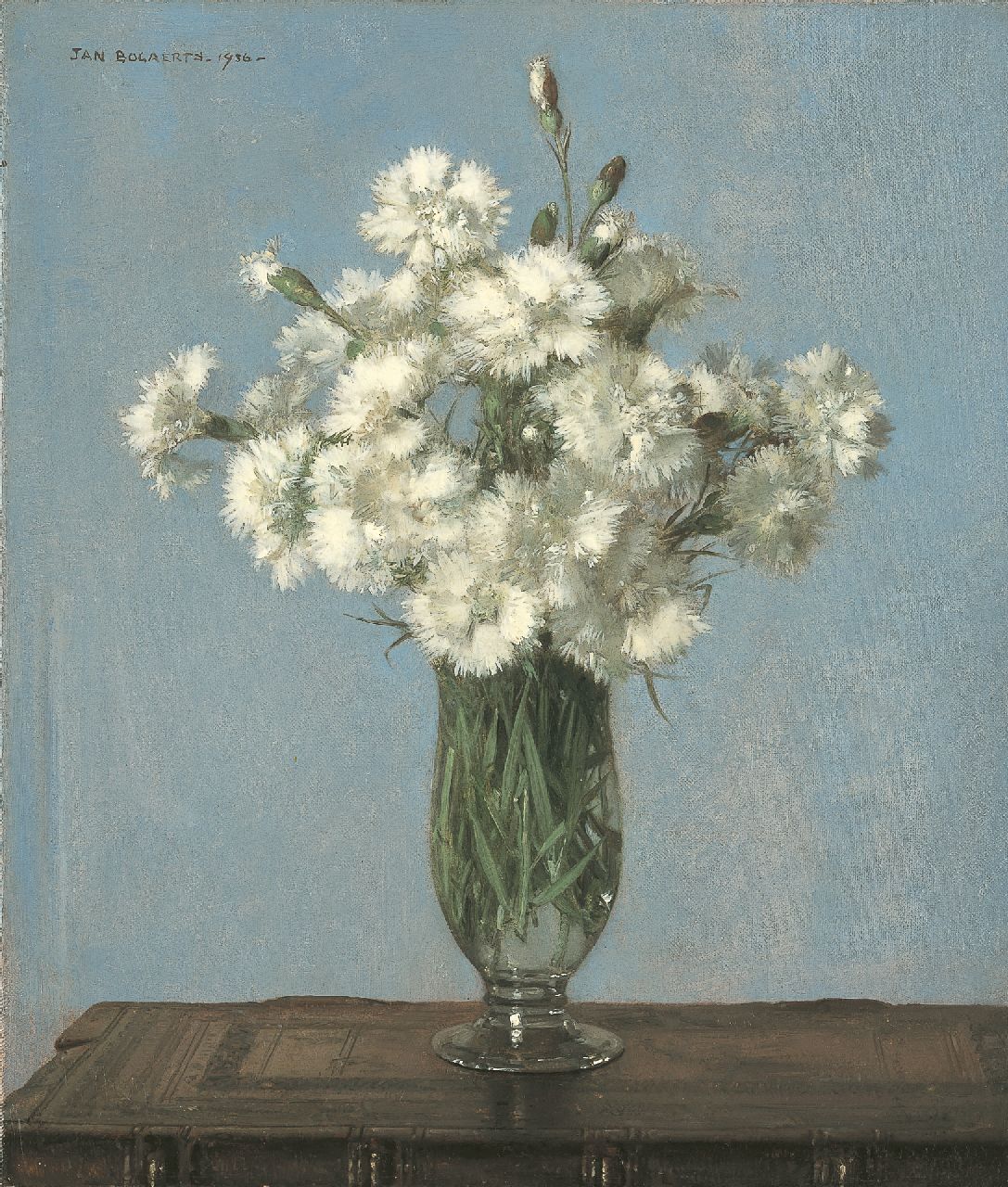 Bogaerts J.J.M.  | Johannes Jacobus Maria 'Jan' Bogaerts, White carnations in a glass vase, Öl auf Leinwand 35,2 x 30,2 cm, signed u.l. und dated 1936