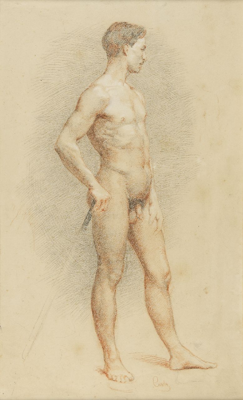 Elise Crola | Akadermiestudie eines Mannes mit Stock, Bleistift auf Papier, 46,0 x 28,0 cm, Unterzeichnet r.u.