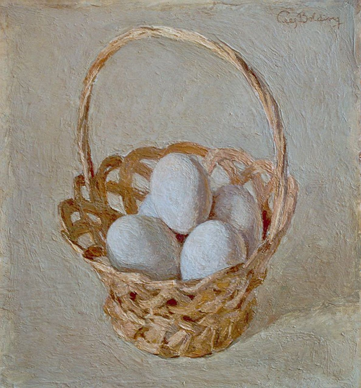 Bolding C.  | Cornelis 'Cees' Bolding, Eggs in a basket, Öl auf Holz 28,3 x 25,6 cm, signed u.r.