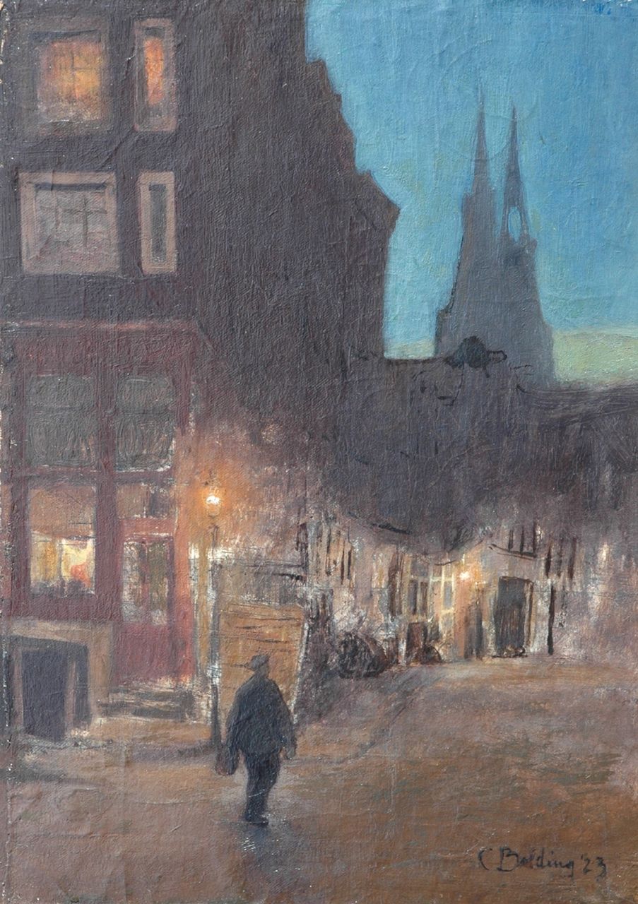 Bolding C.  | Cornelis 'Cees' Bolding, Amsterdam street at night, Öl auf Leinwand auf Holz auf Multiplex 47,6 x 35,0 cm, signed l.r. und dated '23