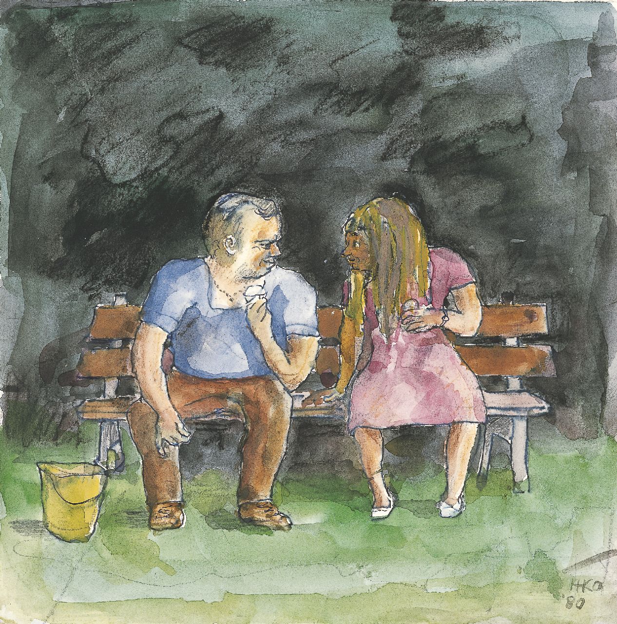 Kamerlingh Onnes H.H.  | 'Harm' Henrick Kamerlingh Onnes, A happy couple, Feder, Tinte, Kreide und Aquarell auf Papier 20,5 x 20,5 cm, signed l.r. with monogram und dated '80