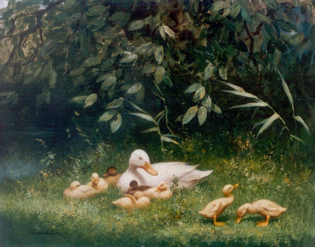 Artz C.D.L.  | 'Constant' David Ludovic Artz, Hen with ducklings on the riverbank, Öl auf Holz 40,0 x 50,0 cm, signed l.l.