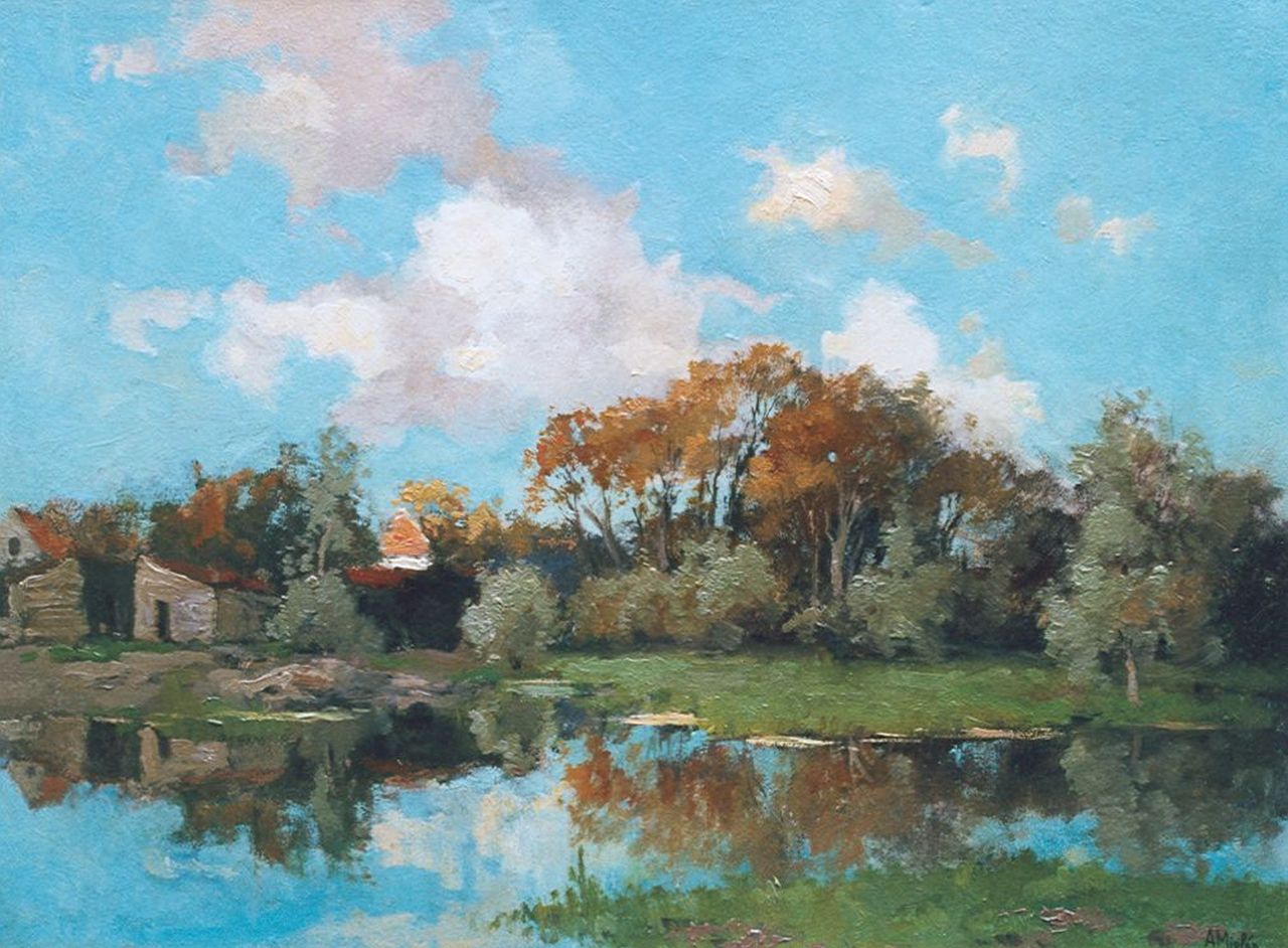 Miolée A.  | Adrianus 'Adriaan' Miolée, A farmhouse along a stream, Öl auf Malereifaser 32,1 x 43,9 cm, signed l.r.