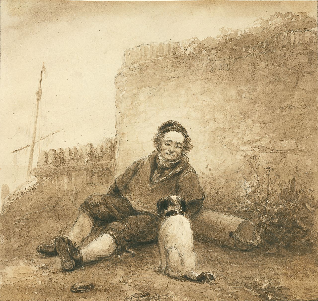 Schelfhout A.  | Andreas Schelfhout, Fisherman with his dog, Sepia auf Papier 19,4 x 21,0 cm, signed on the reverse