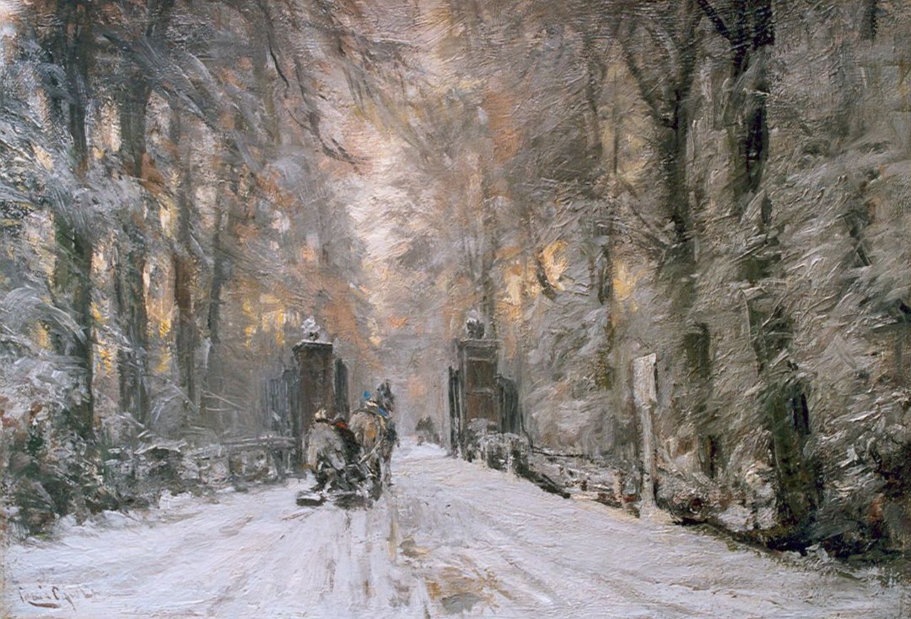 Apol L.F.H.  | Lodewijk Franciscus Hendrik 'Louis' Apol, A winter lane, Haagse Bos, Öl auf Leinwand 42,5 x 61,0 cm, signed l.l.