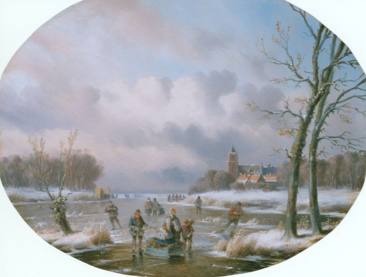 Ahrendts C.E.  | Carl Eduard Ahrendts, Skaters on the ice in winter, Öl auf Holz 31,0 x 39,7 cm, signed l.r.