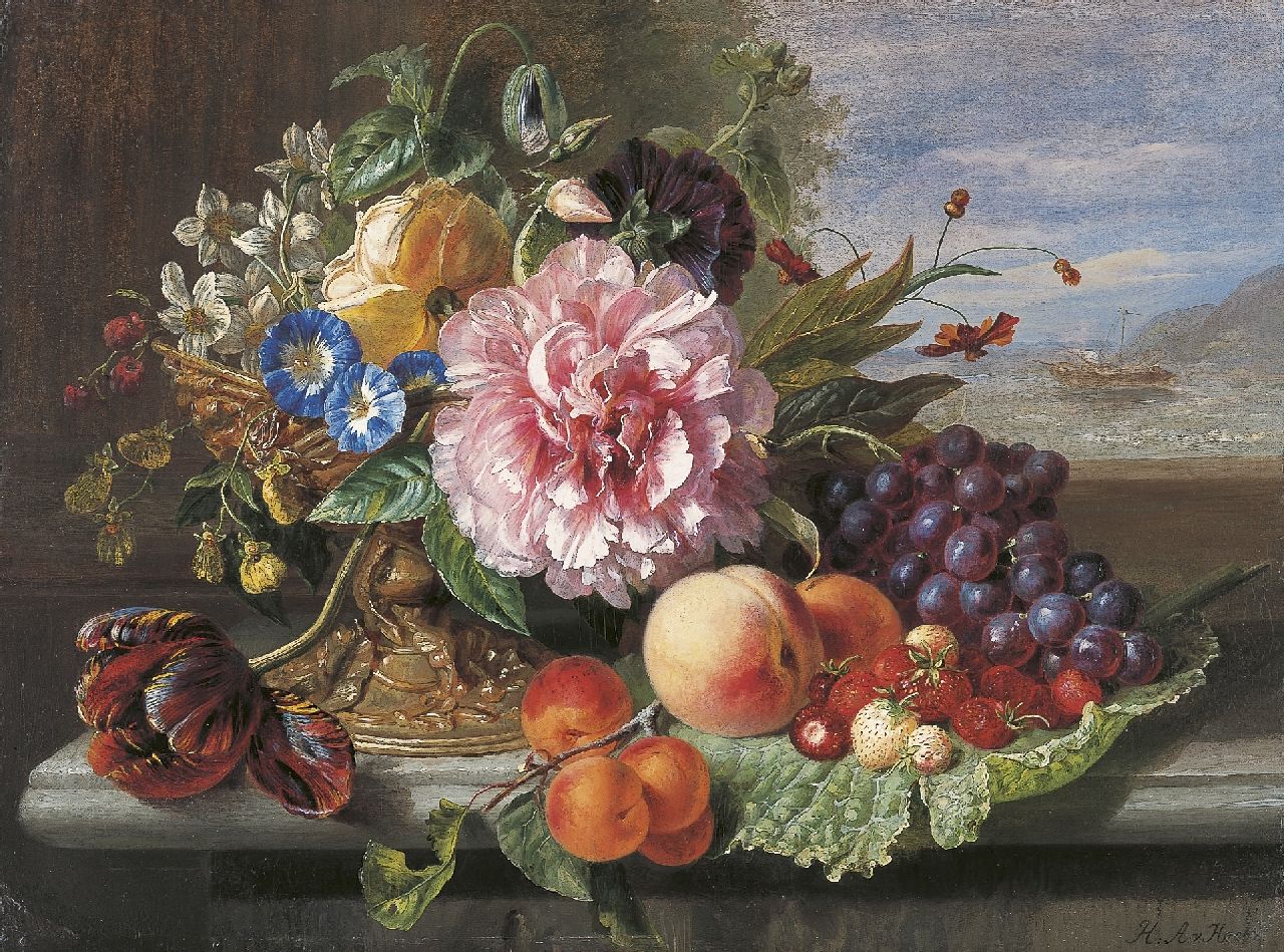 Hamburger H.A.  | Helen Augusta 'Hélène' Hamburger, Still Life with Flowers, Peaches, Grapes and Strawberries, Öl auf Holz 44,1 x 60,4 cm, signed l.r. with initials und dated 1862