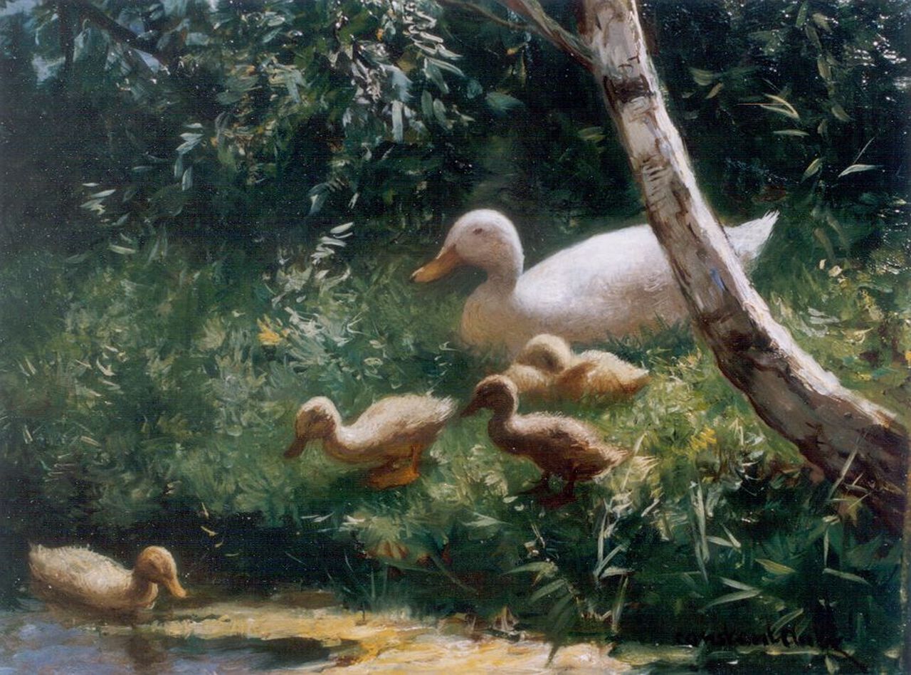 Artz C.D.L.  | 'Constant' David Ludovic Artz, Hen with ducklings watering, Öl auf Holz 18,0 x 24,5 cm, signed l.r.