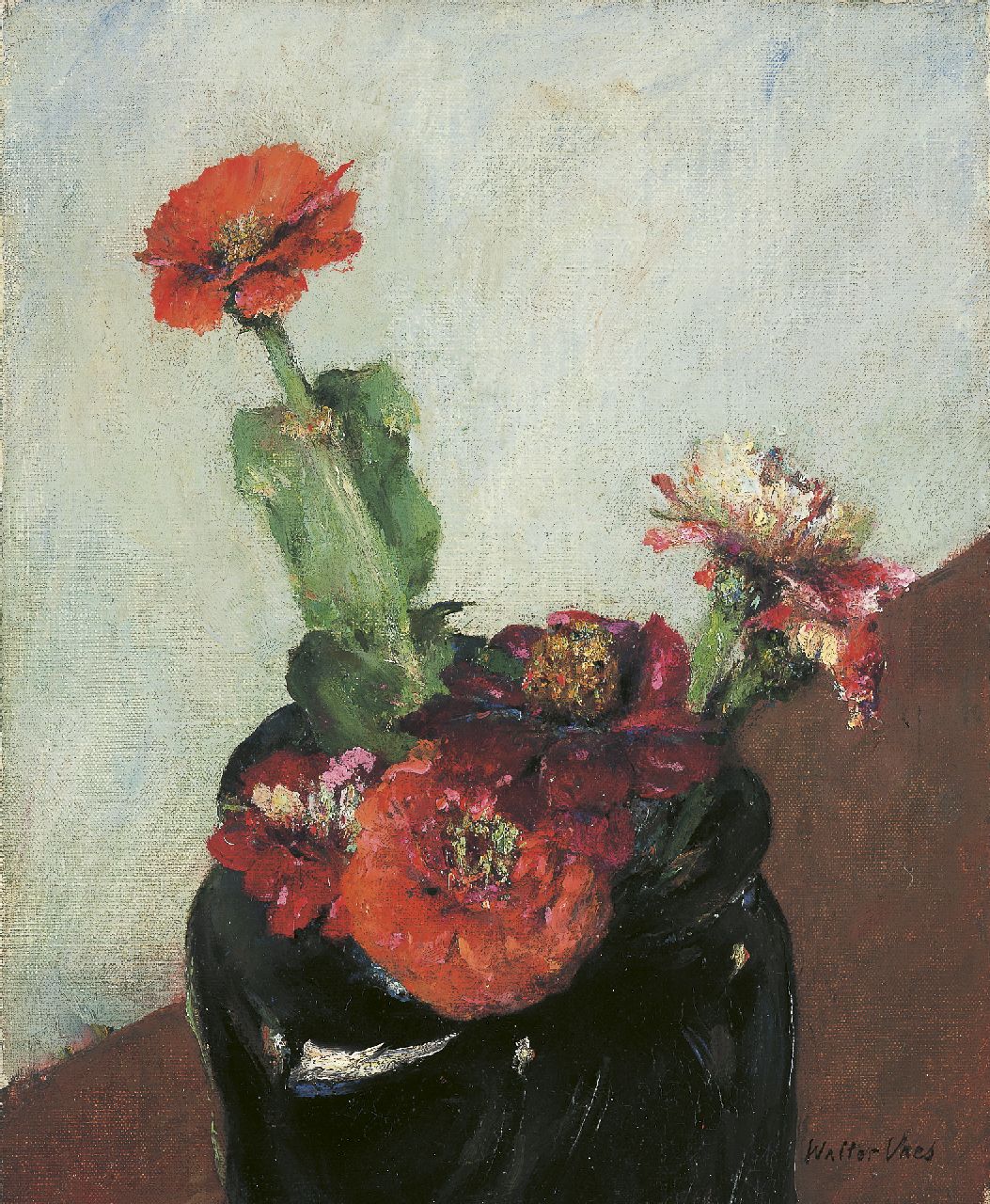 Vaes W.  | Walter Vaes, Vase mit Zinnien, Öl auf Leinwand 27,0 x 22,1 cm, Unterzeichnet r.u.