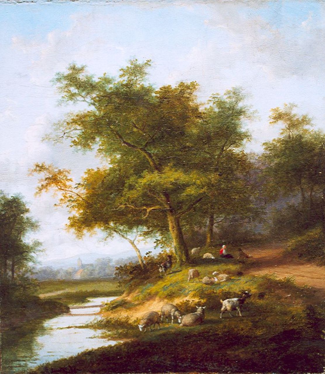 Morel II J.E./Van Severdonck F. | A shepherdess and flock, Öl auf Leinwand, 32,7 x 29,0 cm, signed l.c.