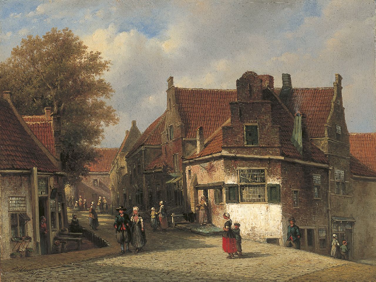 Vertin P.G.  | Petrus Gerardus Vertin, A sunlit street with a woman from Marken in a regional costume, Öl auf Holz 31,2 x 41,2 cm, signed l.l. und dated '51
