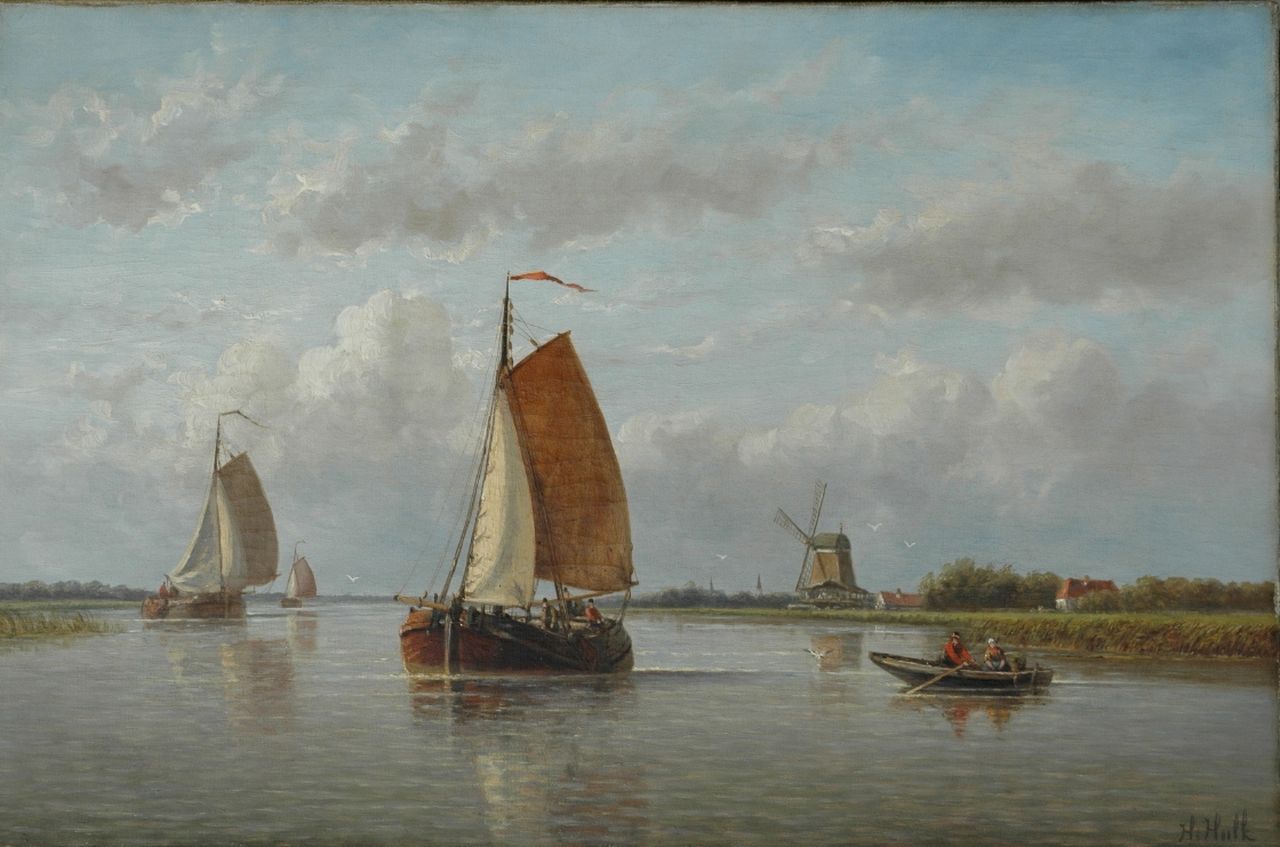 Hulk H.  | Hendrik Hulk, A river landscape with barges, Öl auf Leinwand 44,5 x 67,3 cm, signed l.r.