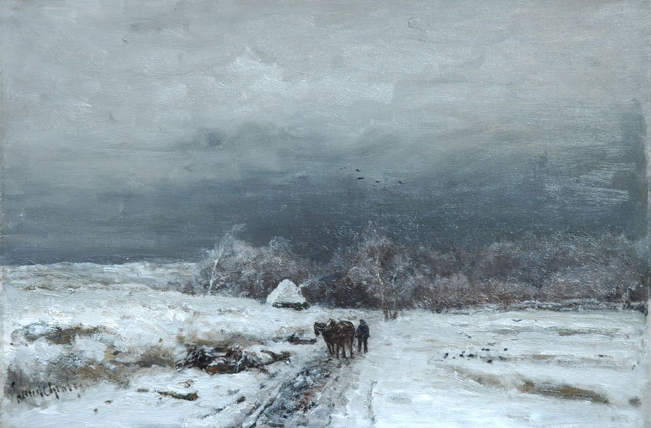 Apol L.F.H.  | Lodewijk Franciscus Hendrik 'Louis' Apol, A traveller in a snow-covered landscape, Öl auf Leinwand 33,9 x 49,8 cm, signed l.l.