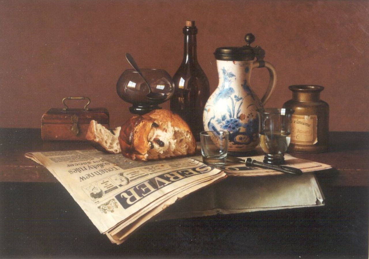 Bubarnik G.  | Gyula Bubarnik, A still life with bread, bottles and a newspaper, Öl auf Holz 50,0 x 70,0 cm, signed l.r.