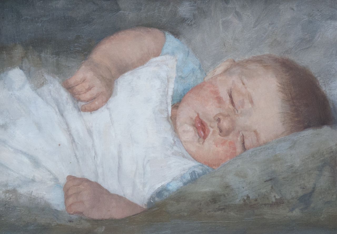 Moes W.W.  | Wilhelmina Walburga 'Wally' Moes, Sleeping baby, Öl auf Leinwand 26,5 x 37,0 cm