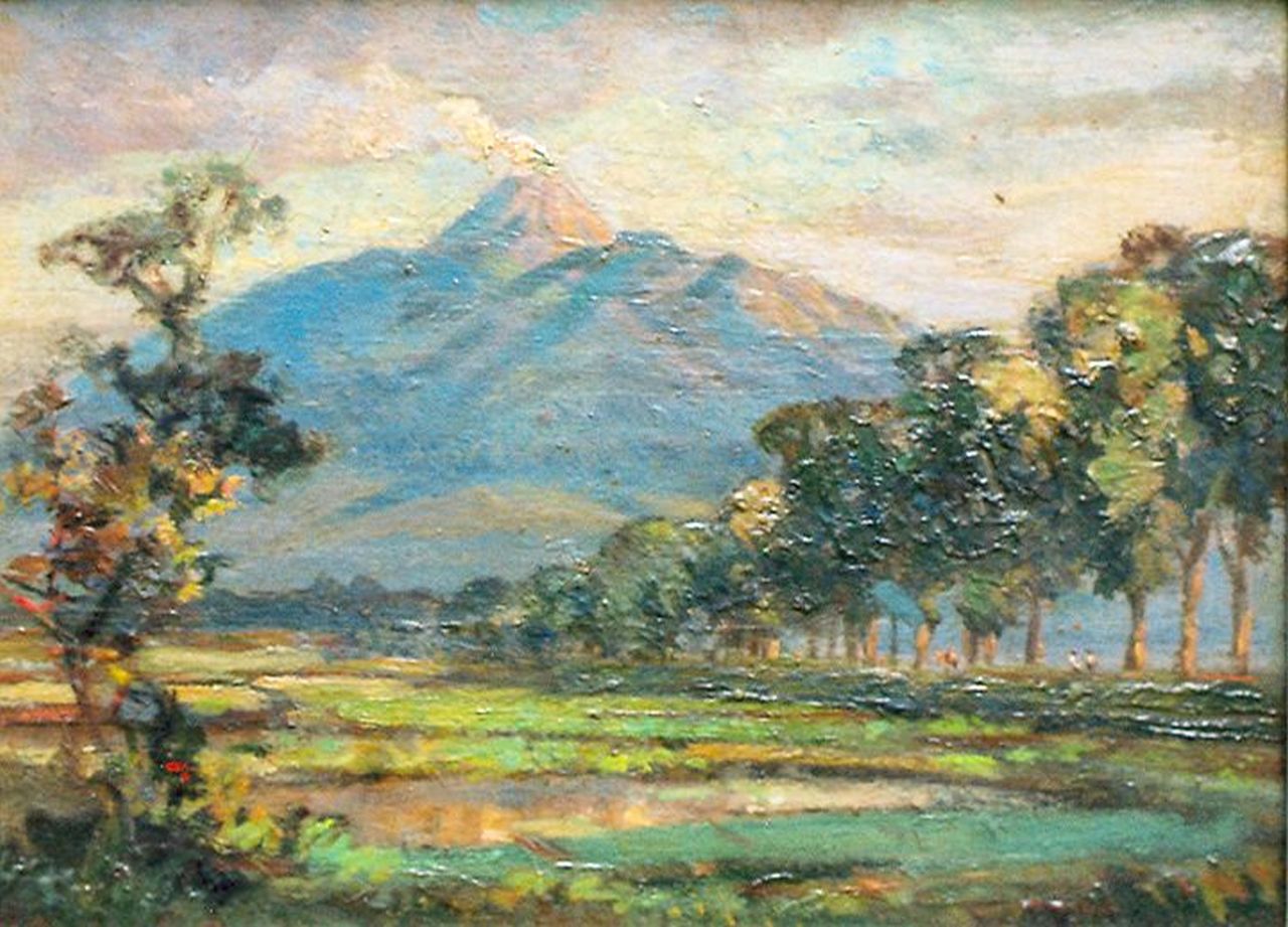Dezentjé E.  | Ernest Dezentjé, View of Mount Merapi, Öl auf Holz 21,0 x 28,0 cm