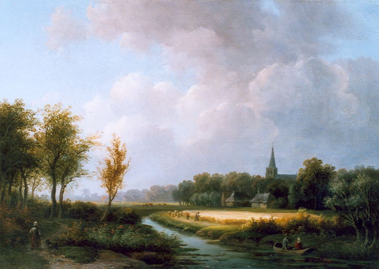 Klerk W. de | Willem de Klerk, A river landscape, with a church beyond, Öl auf Holz 26,5 x 37,3 cm, signed l.r.