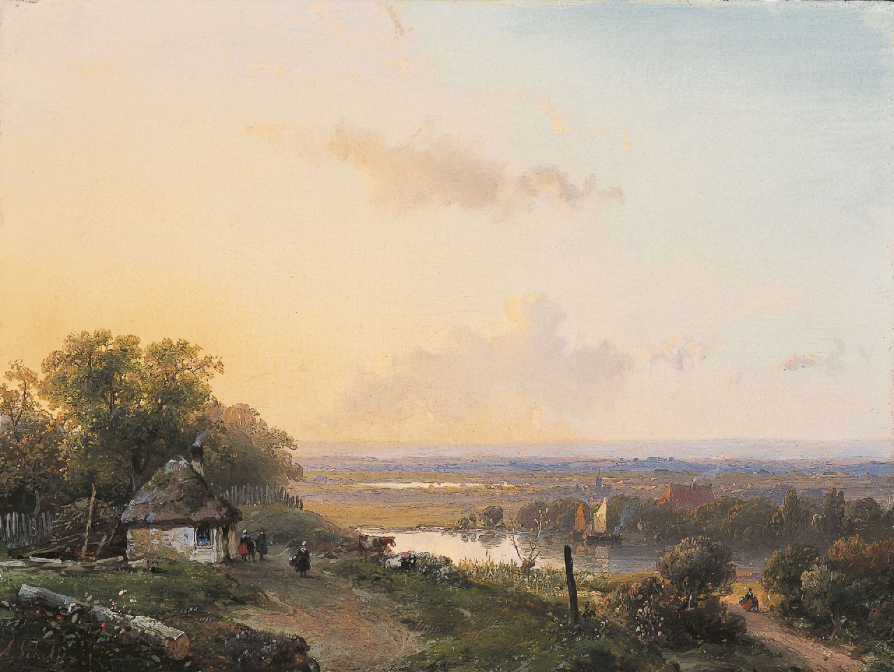 Schelfhout A.  | Andreas Schelfhout, Spaziergänger in einer panoramischen Landschaft, Öl auf Holz 19,0 x 25,5 cm, Unterzeichnet l.u. und zu datieren um 1850