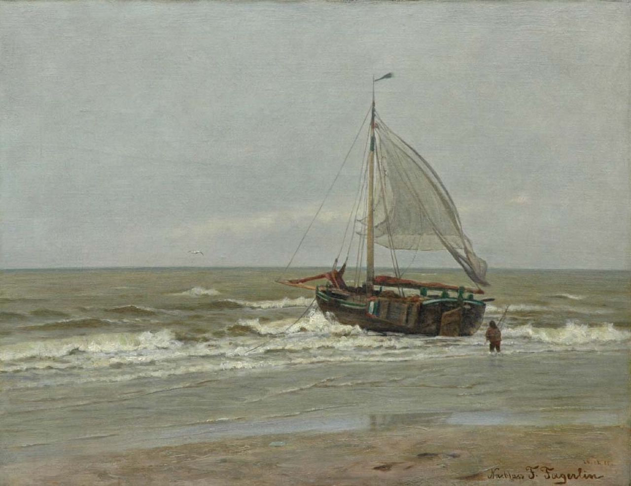 Fagerlin F.J.  | Ferdinand Julius Fagerlin, Fishing boat in the surf, Öl auf Leinwand 37,3 x 48,5 cm, signed l.r. und executed on 24.12.85