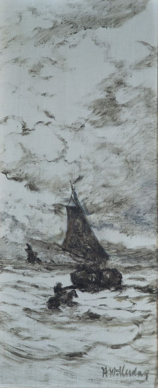 Mesdag H.W.  | Hendrik Willem Mesdag, 'Bomschuiten' on a breezy day, Öl auf Leinwand 61,4 x 26,6 cm, signed l.r. und painted circa 1909