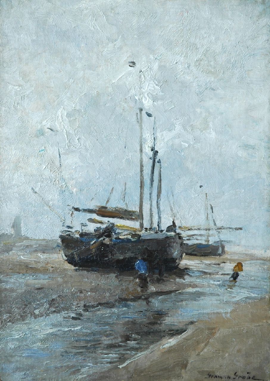 Grobe P.G.  | Philipp 'German' Grobe, 'Bomschuit' on the beach, Öl auf Leinwand Malereifaser 47,3 x 34,0 cm, signed l.r.