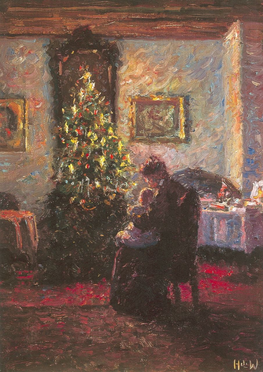 Werner H.F.  | Heinrich Ferdinand Werner, The Christmas tree, Öl auf Leinwand 50,3 x 38,2 cm, signed l.r. with initials and on the reverse und dated 1909