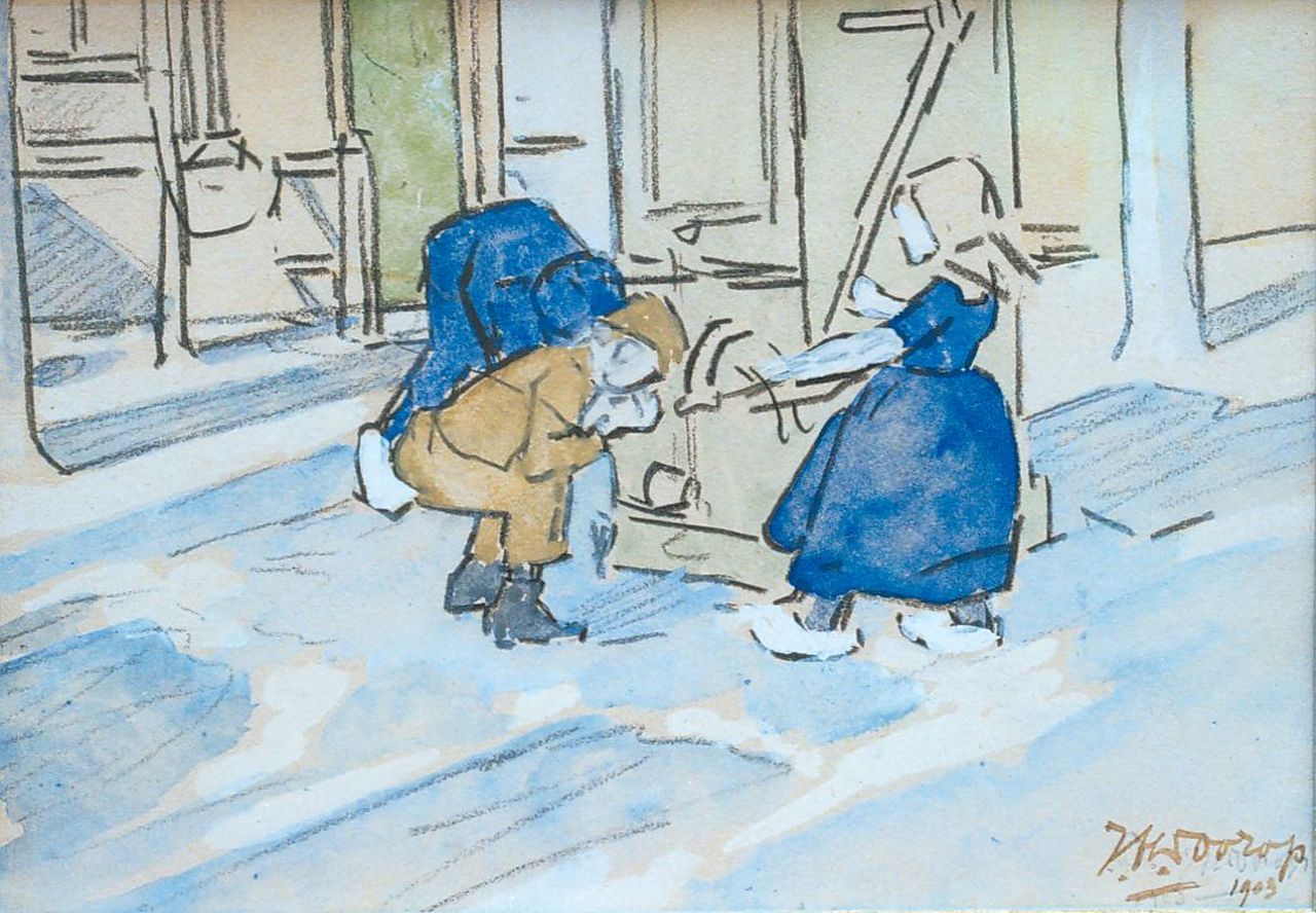 Toorop J.Th.  | Johannes Theodorus 'Jan' Toorop, Children by a pump, Schwarze Kreide und Aquarell auf Papier 11,3 x 15,8 cm, Unterzeichnet r.u. und datiert 1903