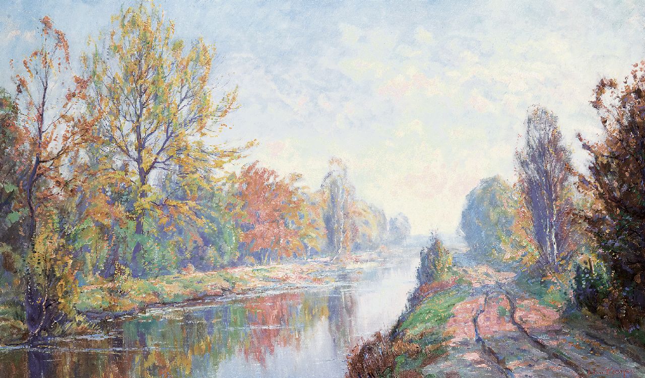 Meijer J.  | Johannes 'Johan' Meijer, Herbstmorgen an der Gooiersgracht bei Laren, Öl auf Leinwand 60,0 x 100,0 cm, Unterzeichnet r.u.