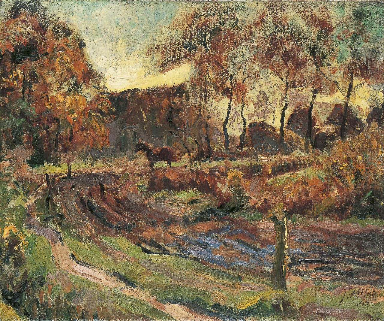 Altink J.  | Jan Altink, A landscape with a horse and farm, Öl auf Leinwand 50,2 x 60,7 cm, signed l.r. und datiert '45